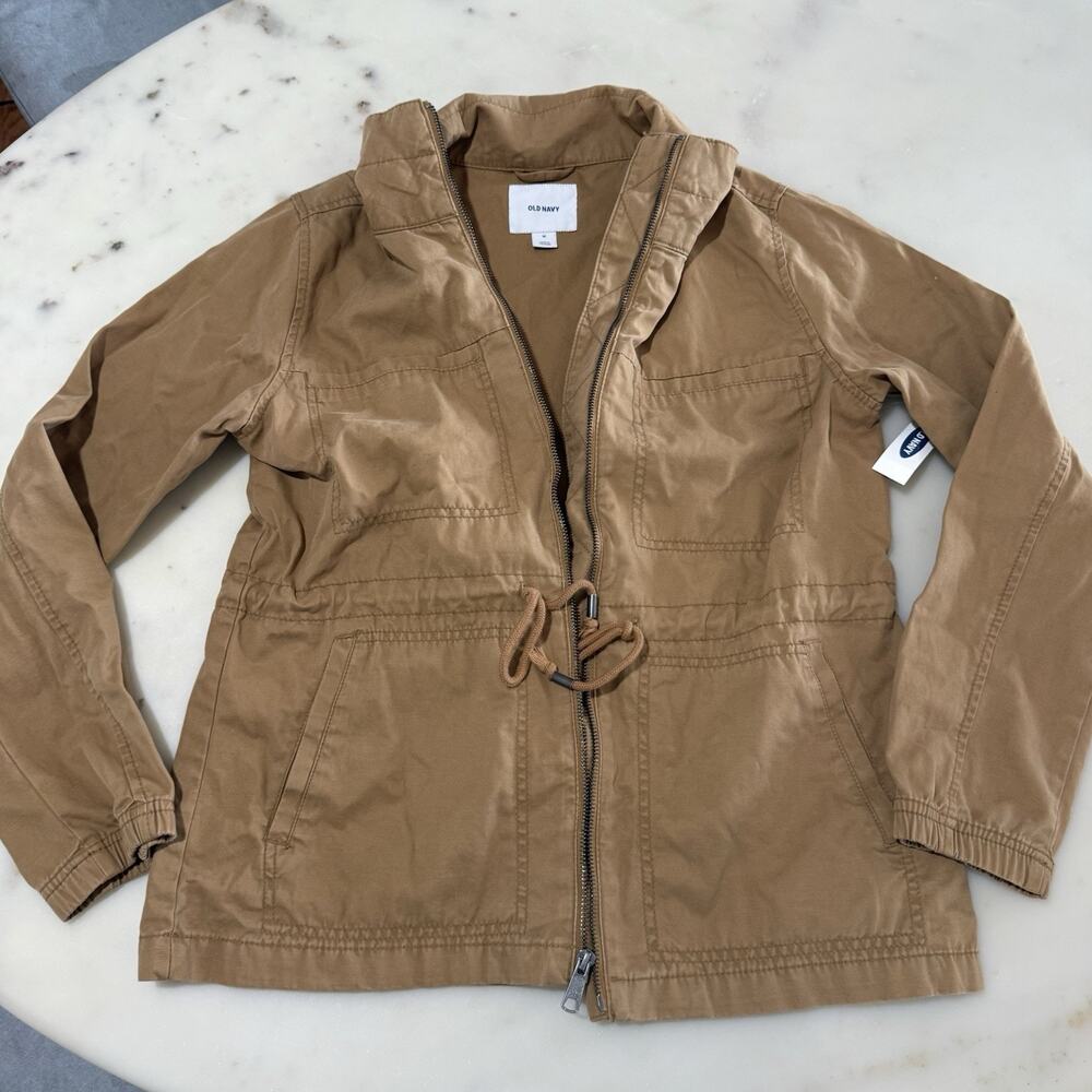 NWT Old Navy Women M Utility Twill Field Jacket Brown Zip Cargo Waist Cinched